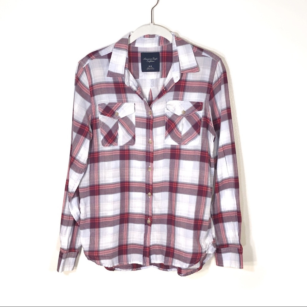 American Eagle Plaid Button Down White Red M - image 1